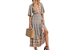 FEMEREINA Women's Summer Casual Maxi Dress Bohemian Floral V Neck Puff Short Sleeve Ethnic Style Beach Tiered Sundress Long Swing Dress