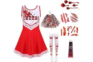 PXDUCN Zombie Cheerleader Costume Kids, Halloween Costumes for Kids, 8 Pcs Cheerleader Halloween Costume Kids Dead Outfit Party Accessories Cosplay Props, for Girl Party Decoration