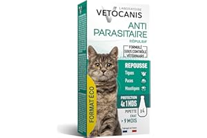 Vetocanis | Pipettes Anti-Puces Chat > 9 Mois Pack Eco x4 | Repousse les Puces, les Tiques et les Moustiques | Antiparasitaire Efficace 4 Mois | Traitement à Usage Vétérinaire pour Chat Toutes Races