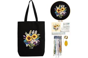 CREAWONDER Canvas Tote Bag Embroidery Kit with Pattern for Beginners, Arts and DIY Embroidery Crafts Kits for Adults, Include Instructions, Embroidery Hoops, Color Threads and Tool
