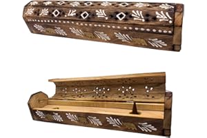 SNADI Kadzidło (kadzielnica) Drewniane pudełko ręcznie zdobione w Indiach - Ekskluzywny projekt białych kolców i słoni 30,5x6,2x5,5 - - Waga 240 g Drewniany uchwyt na kadzidło
