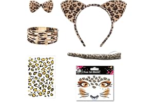 Lufdegim Leoparddräkt för kvinnor, 6 delar, leopardöron, leopard, svans, fluga, armband, tatuering, ansikte, leopard, kostym, karneval, halloween, maskeraddräkt