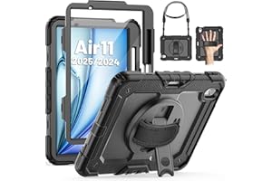 SEYMAC Custodia per iPad Air 11 Pollici 2025/2024 M3/M2, Custodia Antiurto con Protezione per lo Schermo, Portapenne, Supporto Girevole a 360 Gradi/Cinturino da Polso, Tracolla per iPad Air 11, Nero