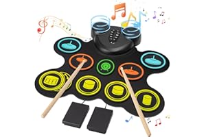 Batteria Elettronica 9 Pad AQV Batteria Elettrica Roll Up Doppio-Altoparlante Incorporato Batteria Elettronica Srumento Musicale, Bluetooth, per Bambini, Principianti e Regali