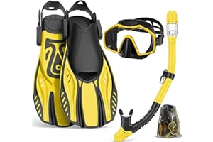 OTOWAVING Snorkel Set Adults with Flippers,Snorkel Mask with Adjustable Swim Fins,Dry Snorkel,Panoramic View Swimming Goggles Snorkelling Packages,Snorkeling Gear for Snorkeling Scuba Diving Swimming Travel