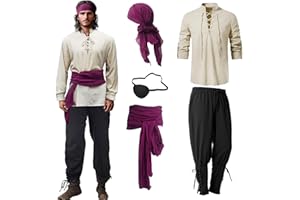 Vercico 5 Pieces Pirate Costume Adult Men Eye Patch Medieval Shirt Trousers Bandana Belt, Pirate Outfit Halloween Costumes for Carnival, Cosplay Parties