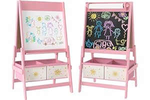 AIYAPLAY Lavagna per Bambini 3 in 1 con Rotolo di Carta e 2 Cestelli Portaoggetti, Lavagna con Cavalletto in Legno di Pino e MDF, 54x46x94 cm, Rosa