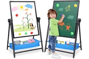 Arkyomi Dwustronna deska dziecięca z żelaza obracana o 360°, regulowana wysokość - kredowo-białe narzędzie do rysowania z akcesoriami, składana na nóżce, 3 w 1 (czarna 2)