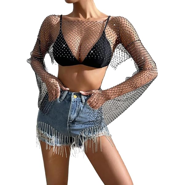 Haut Paillettes & Strass CATOR - Maille Résille Sexy - Manches Longues - Pour Soirée, Danse, Plage