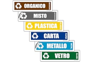 EVM Set Adesivi in PVC Morbido, 6 pz. Impermeabili, Lavabili per Raccolta Differenziata Riciclaggio rifiuti Italiano e Inglese (15 x 4 cm COL)