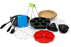 CLOEN Accesorios freidora de Aire, Compatible con Air Fryer, Philips, Ninja, Cosori, Moulinex, Tefal, Cecotec. Incluye 13 Accesorios, Bandeja de Silicone, Pinzas, 100 Piezas de Papel y Mucho más.