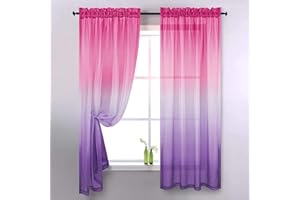Ricemru Gardinen Vorhänge Farbverlauf Rosa Lila Kurz Voile Vorhang Transparent Bunt Kinderzimmer Junge Mädchen Tüllvorhang Fensterschals 2er Set für Wohnzimmer Schlafzimmer,132x160
