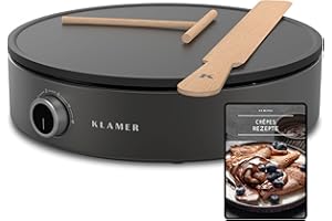 ‎KLAMER KLAMER Crepes Maker, Große Backfläche mit 33cm Ø, antihaftbeschichtete Platte, inkl. Teigverteiler und Wender aus Holz, Crepes Eisen für Crepes, Pancakes & Tortilla, 1500W