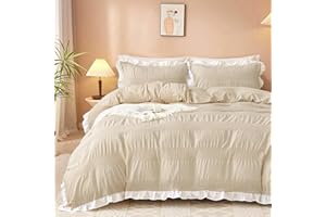 Guchuang Bedding Duvet Cover Set King Size, Beige Seersucker & Ruffled Design 3-Piece Bedding Set - Soft Microfiber, Wrinkle-Resistant & Decorative Duvet Cover with Hidden Zipper (King, 220x230cm)