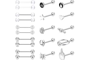 JeweBella 20 Pièces 14G Piercing Langue pour Femme Homme Acier Chirurgical Piercing Téton Percing Langue Argent/Noir Barre Piercing Bijoux 16mm