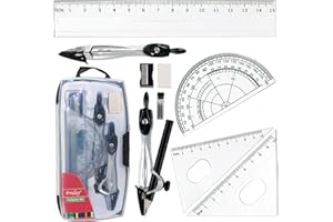TIETOY Maths Set, 10 Pcs Geometry Sets for Secondary School Protractor and Compass Set Students School Supplies with Compasses Protractor Ruler Rubber Sharpener Triangles in Carry Case