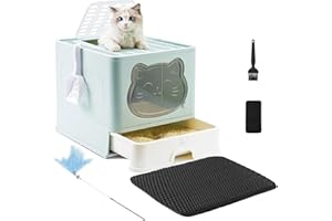 HelloMiao Lettiera per gatti completamente chiusa con coperchio, tipo di cassetto, deodorante per gatti, con paletta in plastica per animali domestici (blu+nero)