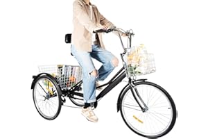CHERIKIU 24 Zoll 7-Gang Dreirad für Erwachsene, 3-Rad-Cruiser-Fahrrad Lastenfahrrad Einkaufen Faltbares Dreirad mit Rückenlehnen&Frontbox, Verstellbarer Sitz für Erwachsene SeniorenOutdoor-Sport