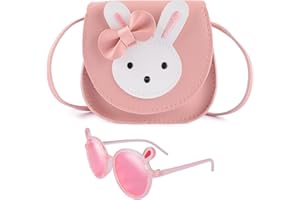 COEKI Little Girls Shoulder Bag with Sunglasses, Cute Rabbit Girls' Handbags and Shoulder Bags PU Leather Crossbody Bag with Adjustable Strap for Toddler/Kids Girls