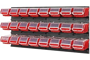 PAFEN Sistema de Almacenamiento, Cajas Apilables Con Tapa, Estantería de Pared, 772 x 390 - 24 Unidades - Caja de Herramientas - Estantería para Taller, Color Rojo