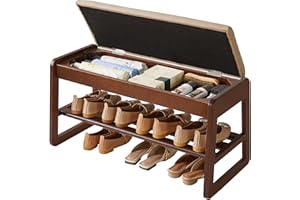 Aibiju Solid Wood Shoe Storage Bench, 2 Tier Shoe Rack with Hidden Storage, 31.5 Inch Wooden Storage Organizer for Entryway Hallway Living Room, Walnut Color YD-WD061B