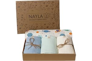 Nayla Muselinas Bebe Algodon 120x120 y 65x65-100% Organico con Gasas Grandes Suaves para Recién Nacido Muy Versátiles como Arrullo para Verano - Manta Ligera Color Azul Planetas.