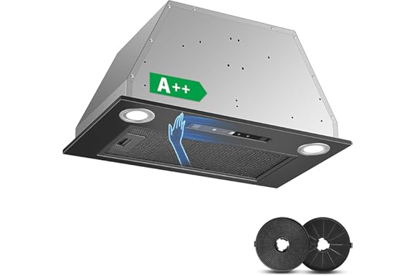 KICHPOWER Hotte Aspirante 52cm Encastrable, 400m³/h, Noir Hotte Cuisine, Gestuelle, Tactile, 3 Vitesses & Fonction Booster, Éclairage LED, Évacuation & Recyclage d'air avec filtre à charbon et conduit