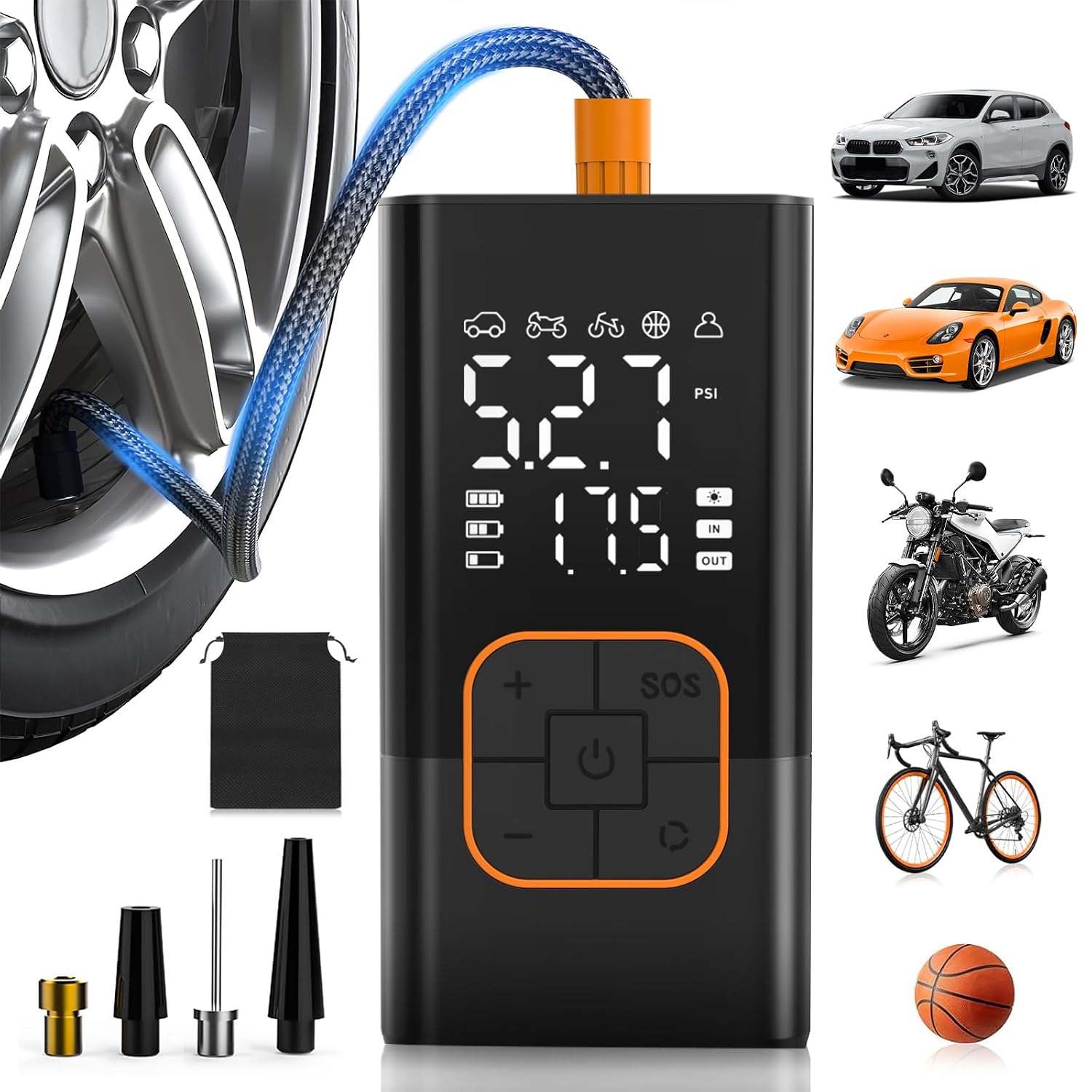 Draadloze autobandenpomp, draagbare luchtcompressor met digitale manometer (150 psi), dubbel display, oplaadbare batterij, ledlamp, fietspomp voor auto, motorfiets, fiets, bal