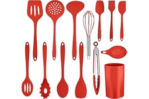 Herogo Set di utensili da cucina, 14 pezzi, in silicone, con supporto per utensili, resistenti al calore, set da cucina, lavabili in lavastoviglie, colore: rosso