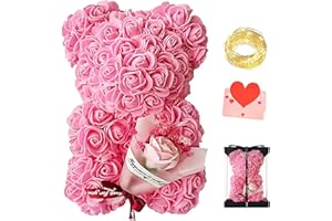 xixi-home Orso di Rose 10 pollici Orsacchiotto Composto da Rosa Artificiali Regali per le Donne Confezione regalo Trasparente Inclusa Luce Led,Regali san Valentino (Rosa)