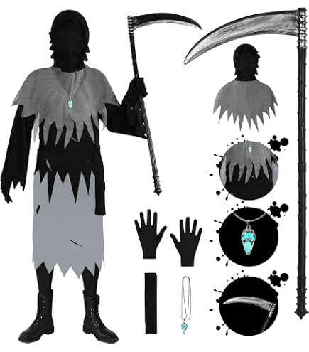 Mantello Halloween Bicolore Nero/Rosso Con Cappuccio - Set Completo Con Maschera Teschio, Falce, Guanti E 20 Adesivi Finte Ferite, Per Adulti E Bambini