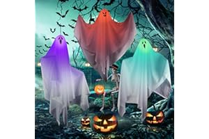 QUUNOOT Halloween Deko Hängender Geist, 3 Stück 67CM LED Blinkender weißer Geist Hängedekoration, Gruseliger Fliegender Leuchtenden Geist, für Innen Außen Bäume Terrasse Garten Halloween Party Dekoration