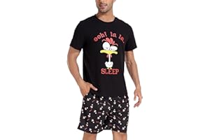Jezonga Schlafanzug Herren Kurz Pyjama Lustig Baumwolle Shorty Nachtwäsche Zweiteilige Pyjamas mit Hahn T-Shirt und Schlafanzughose für Männer