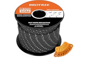 BROTREE Tent Guy Rope 4mm 50m Reflective Guy Line Heavy Duty Guide Rope with 10Pcs Aluminum Tensioners for Tent Gazebo Awning Camping (Black)