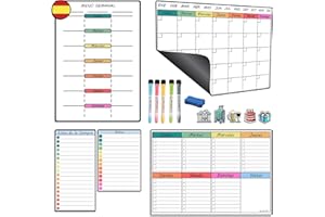 BuMart - Pizarra Nevera Magnética - Set de 5 Piezas con Calendario Magnético Nevera, Menú Semanal, Lista de Notas y Compras - Organizador Semanal con 5 Bolígrafos y Borrador