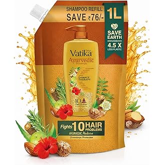 Dabur Vatika Ayurvedic Shampoo Refill Pouch - 1 L | Damage Therapy | Power of 10 Ingredients for Solving 10 Hair Problems | No Parabens | For All Hair