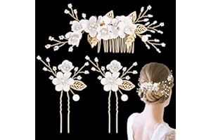 BETESSIN 2pcs Mariée Épingles Pince à Cheveux Mariage Perle Cristal forme U et 1pcs Peigne à Cheveux Mariée Fleurs Blanc Or Broches à Cheveux Florales Accessoires de Coiffure pour Femmes et Filles
