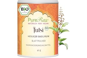 ‎PURERAW Tulsi Pulver Bio (Vegan Ayurvedisch) Heiliger Basilikum - Königsbasilikum - Ocimum Tulasi - Indisches Basilikum ohne Zusatzstoffe - Abgefüllt & Kontrolliert in Deutschland | PureRaw 40g