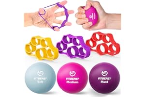 FitBeast Entrenador de Fuerza de Agarre – 6 Piezas Terapia de Mano con Ejercitador de Extensión de Dedos & Pelotas Antiestrés para Rehabilitación y Entrenamiento de Fuerza