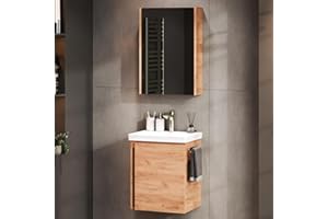 Planetmöbel Waschtisch mit Unterschrank 50 cm inkl. Spiegelschrank 50cm, Badmöbel Set mit Waschbecken, hängend, Gold Eiche