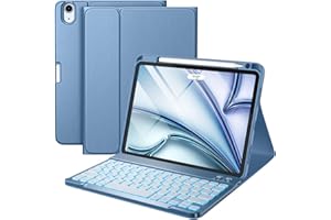 Vobafe Case with Keyboard for iPad Air 11 inch 2025 2024 M3 M2/iPad Air 5 4 2022 2020 10,9 inch, 7 Color Backlight Wireless Detachable Folio Keyboard Cover with Pencil Holder, UK Layout, Blue