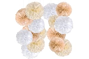 SUNBEAUTY 15 PCS Champagne Tissue Paper Pom Poms,Neutral Party Decorations,Creamy White Paper Flowers for Engagement Receptions, Wedding ,Birthday, Boho Bridal Showers Home Outdoor Decor