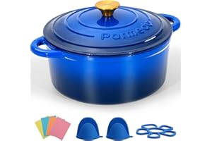 Parmedu Enameled Cast Iron Pot: 5.2L Heavy Duty Dutch Oven with Lid and Dual Handles in Blue - Silicone Accessories and Sponge Included, Ideal for Braising, Stewing, Roasting and Baking, Sapphire Blue