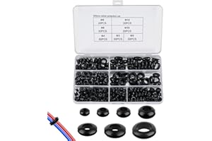 UKOFEW 260 Piezas Pasacables de Goma,7 Tamaños Pasacables Arandelas de Goma,Ojales de Goma,Tapones de Goma para Agujeros para Proteger Cables, Enchufes y Cables, Negro