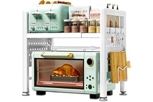 BBLTIFF Soporte Extensible para Microondas de 2 Niveles, Soporte Microondas Extensible 40-65cm, Estante Microondas, Mueble para Microondas con Soporte para Tabla de Cortar, 6 Ganchos (Blanco)