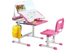COSTWAY Zestaw biurko dziecięce ze stojakiem na książki i oświetleniem LED, biurko dziecięce z regulacją wysokości i krzesłami z uchylnym blatem i szufladą (różowe)
