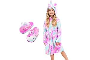 Piefry Unicorn Dressing Gowns for Girls Soft Hooded Robe Sleepwear with Unicorn Slippers, Unicorn Gifts for Girls