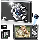 Digital Camera 4K, 48MP Autofocus Camera Selfie with Front and Rear Dual Lenses, 32GB Card, 2 Batteries, 16X Digital Zoom, Co
