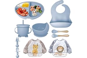 ICHOWHO 11 PCS Silicone Baby Feeding Set - Baby Weaning Set for Weaning Eating, Bowls Bib Spoon Fork Sippy Cup Plate with Suction Cup, Dinnerware Tableware Kit for Toddler Baby Gift Presents (Grey Blue)