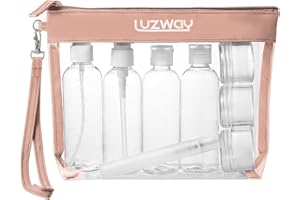 Beauty Case da Viaggio + 8 Bottiglie da viaggio (Max.100ml), LUZWAY Trousse Trasparente, Busta da Viaggio Trasparent, Set da Viaggio per Cosmetici, Kit da Aereo per Liquidi, Set da viaggio PVC Rosa